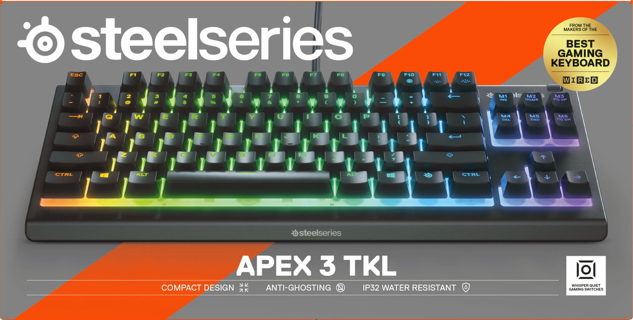 SteelSeries Apex 3 TKL RGB Gaming Keyboard - Tenkeyless - Water & Dust Resistant - PC and USB-A