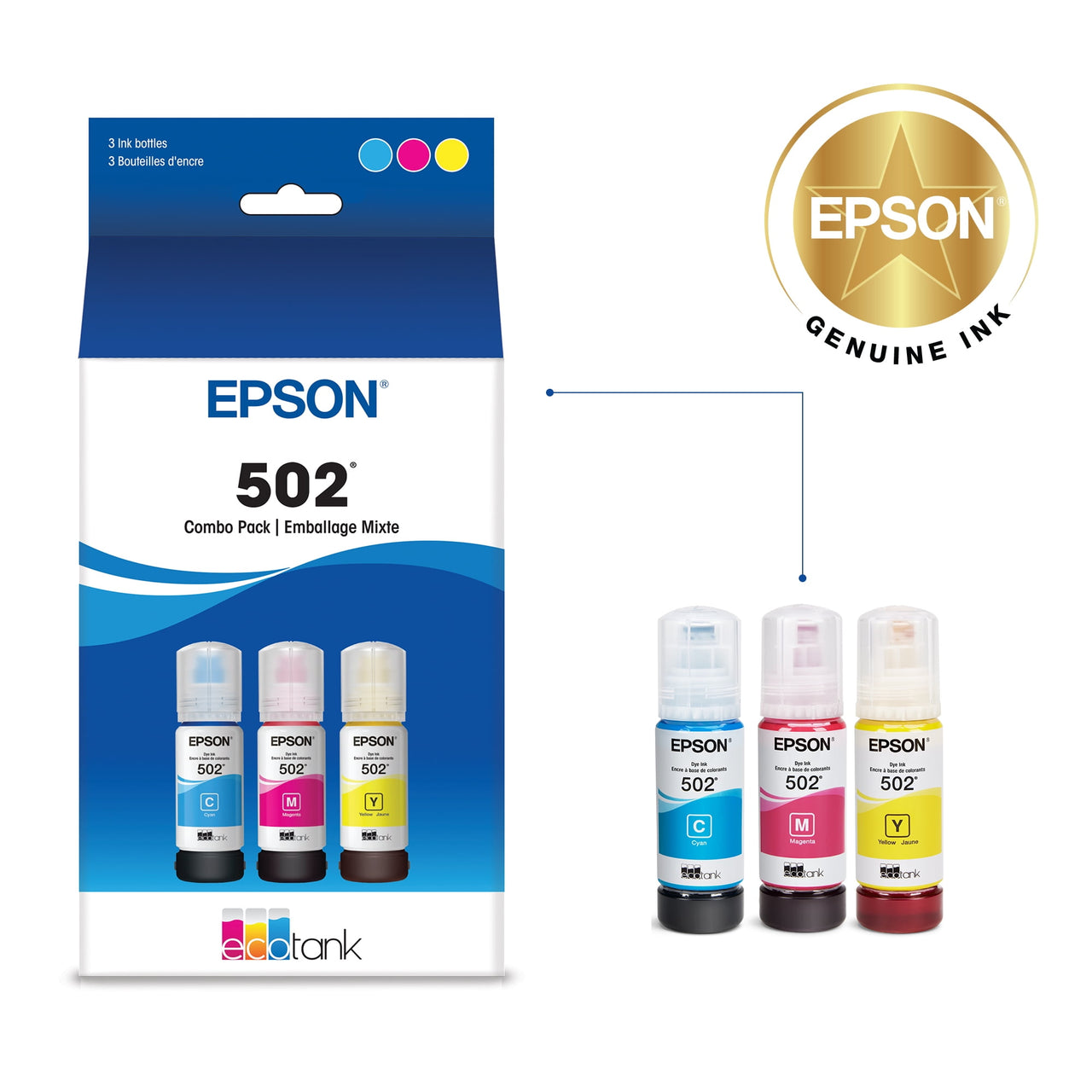Epson 502 EcoTank Ink Ultra-high Capacity Bottle Color Combo Pack Works with ET-2750, ET-2850, ET-2980, ET-2988, ET-3750, ET-3760, ET-3850, ET-4850, and other select EcoTank models