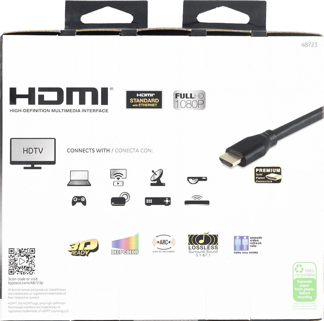 GE 25ft 4K HDMI 2.0 Cable with Ethernet, Gold-Plated Connectors, Black, 48723, New