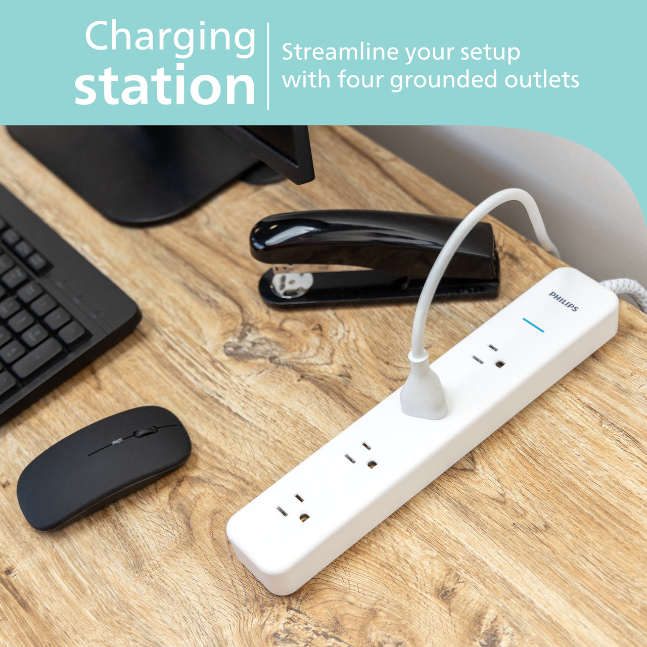 Philips Surge Protector, 4 Outlet, Adapter-Spaced, 450J, Braided Cord, 4ft, White