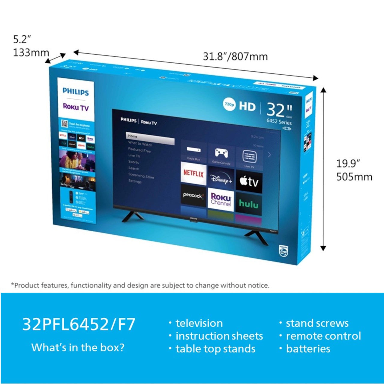 Philips 32" Class HD (720P) Smart Roku Borderless LED TV (32PFL6452/F7) (New)