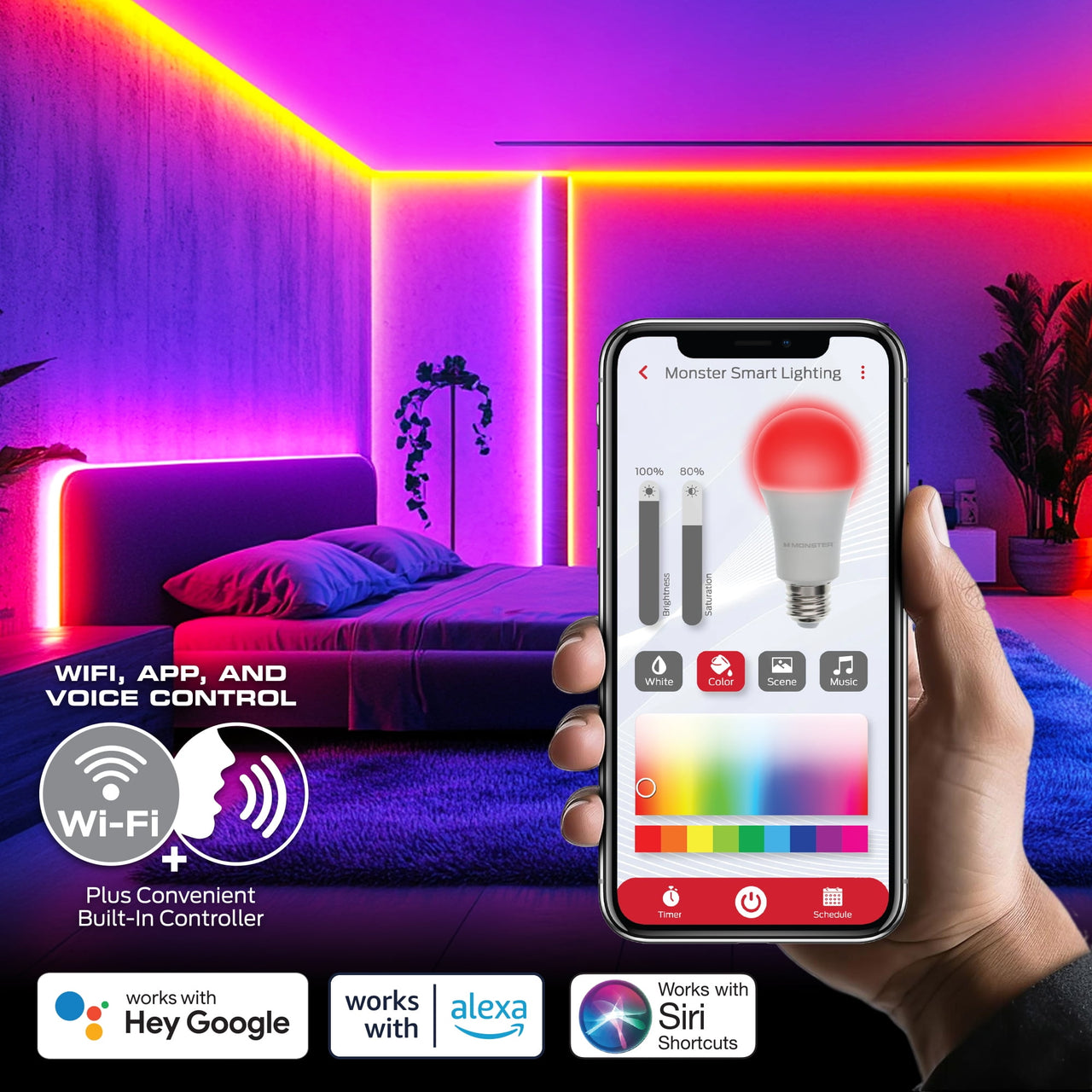 Monster Smart Lighting Indoor LED Strip Lights, RGBIC Multicolor Flow LED Lights, for Christmas, Halloween, Party, Gameday and More, 100’