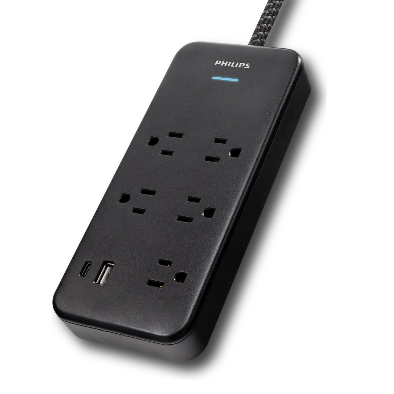 Philips 6-ft 5-Outlet Surge Protector, 1 USB-a, 1 USB-C, 15W, 1500J, Braided Cord, Black
