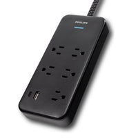 Philips 6-ft 5-Outlet Surge Protector, 1 USB-a, 1 USB-C, 15W, 1500J, Braided Cord, Black