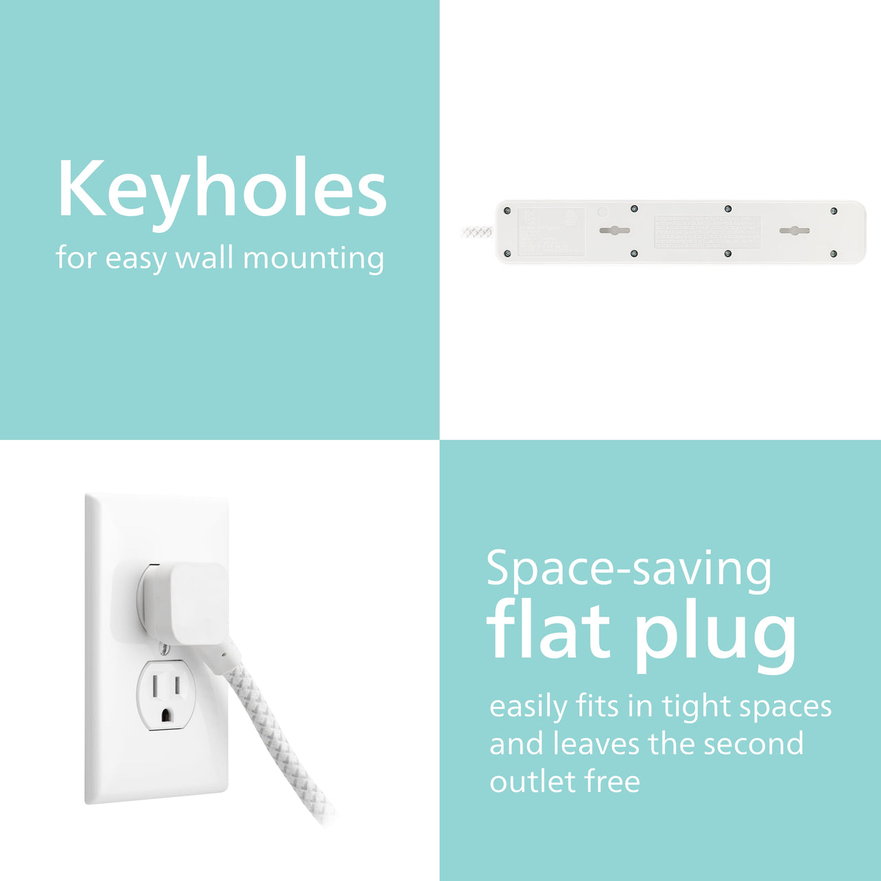 Philips Surge Protector, 4 Outlet, Adapter-Spaced, 450J, Braided Cord, 4ft, White