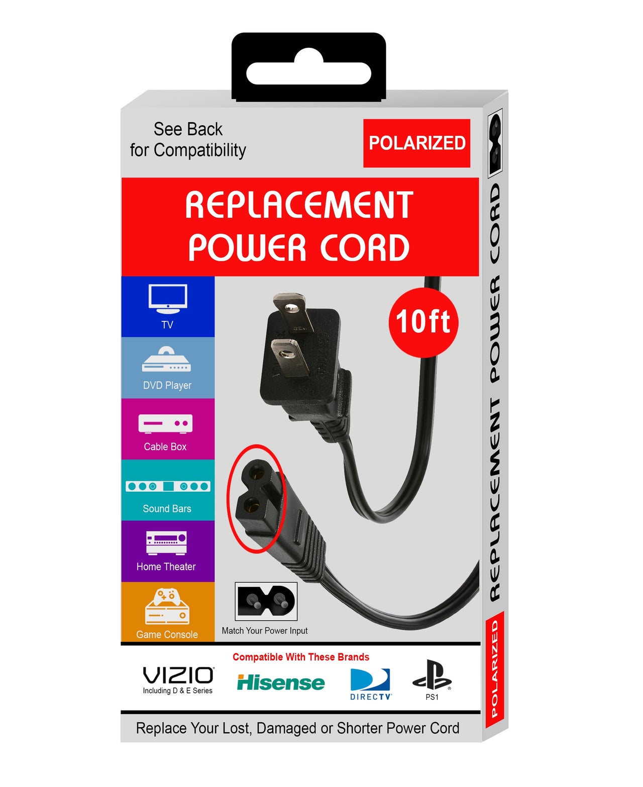 New Xtreme 10-ft Replacement Polarized Power Cord, Works with VIZIO, Hisense TVs, and Comcast