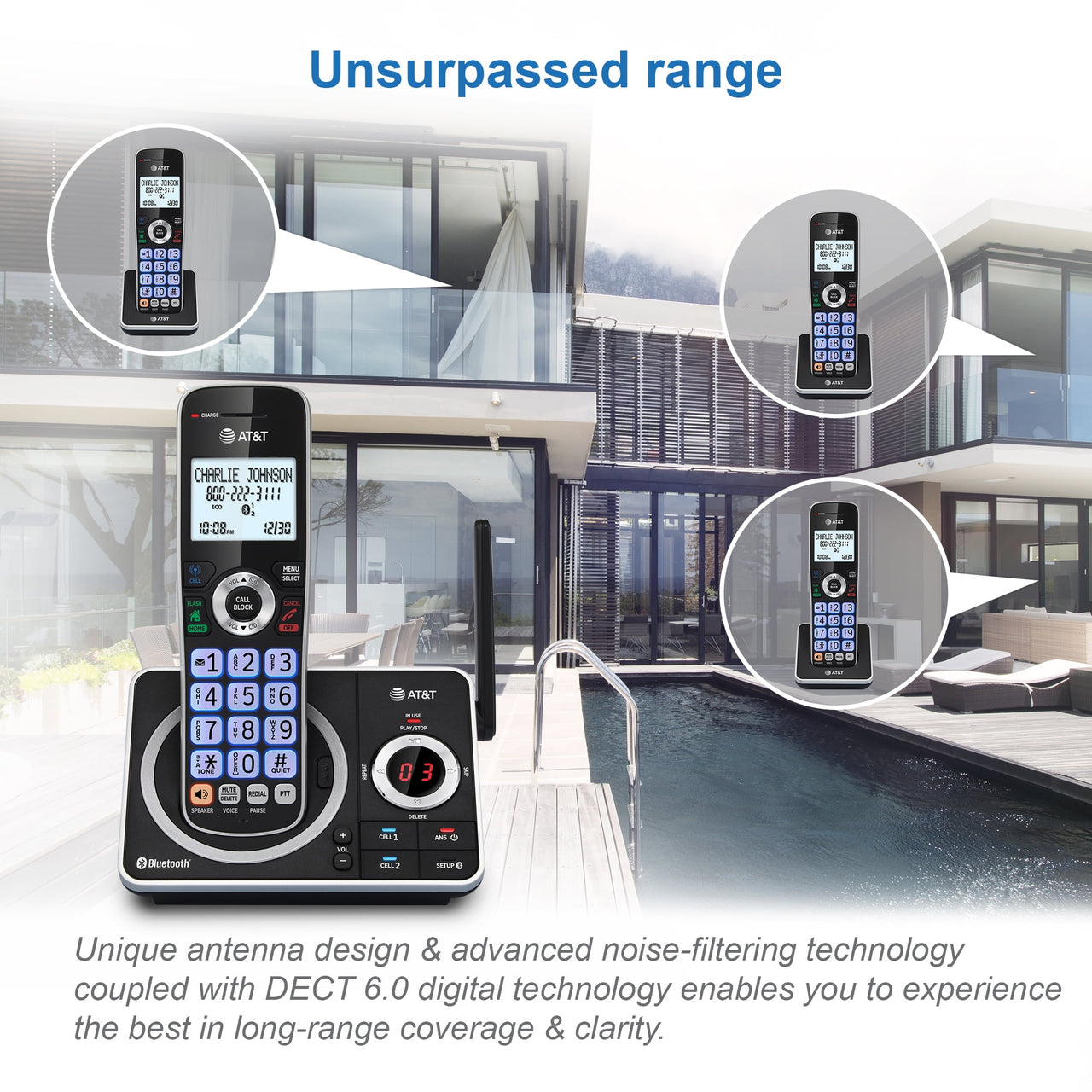 AT&T 4-Handset Expandable Cordless Phone with Unsurpassed Range, Bluetooth Connect to Cell, Smart Call Blocker and Answering System, DLP72412 (Black)
