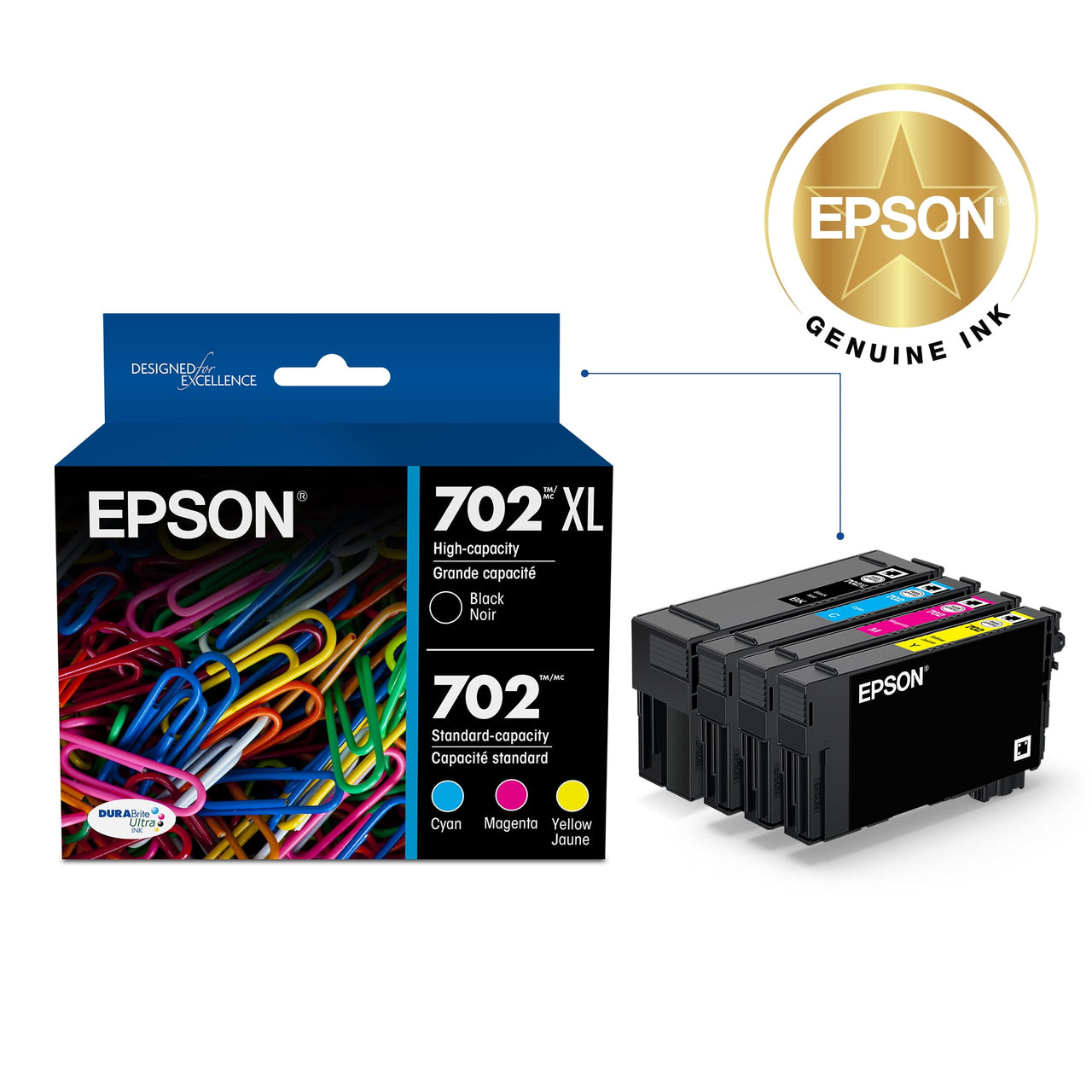 EPSON T702 DURABrite Ultra Genuine Ink High Capacity Black & Standard Color Cartridge Combo Pack