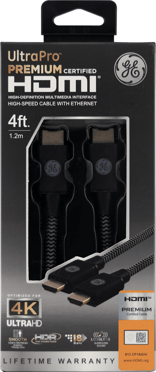 GE 4ft 4K HDMI 2.0 Cable with Built-in Ethernet, Gold-plated connectors, 48719