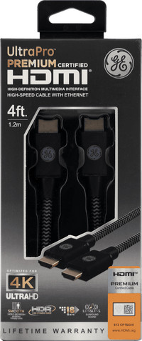 GE 4ft 4K HDMI 2.0 Cable with Built-in Ethernet, Gold-plated connectors, 48719
