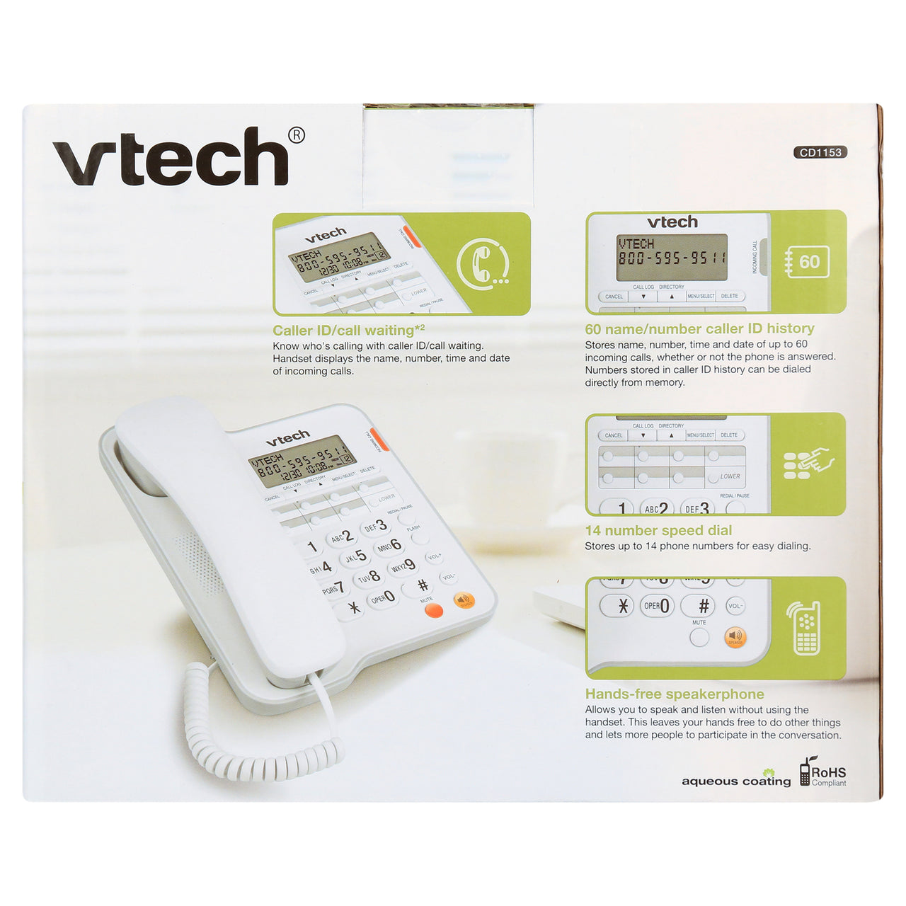 VTech CD1153 White, Corded, Table Top Speakerphone with Caller ID, Ringer Volume Control, No AC Power Required, 60 Number Caller ID History