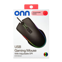 onn Wired USB Gaming Mouse with Adjustable DPI, Backlit, 7 Buttons Black