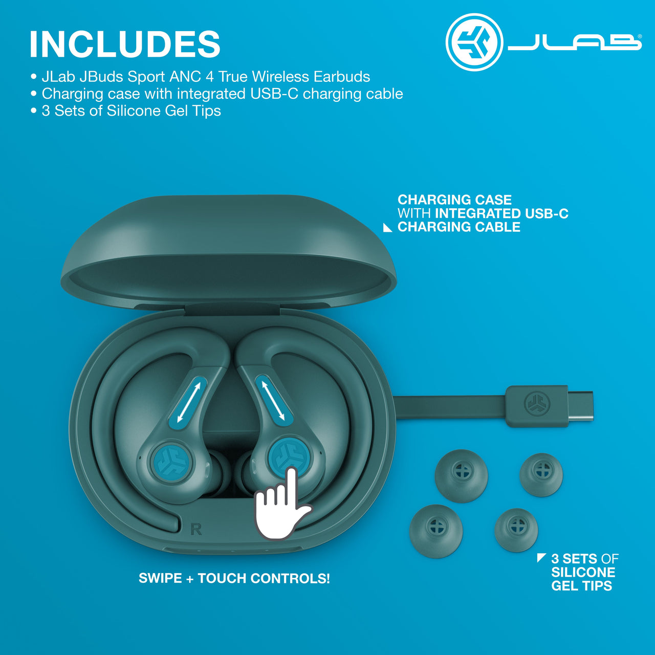 JLab JBuds Sport ANC 4 True Wireless Earbuds, Teal, Hybrid ANC, Touch Controls, Multipoint, App Customization
