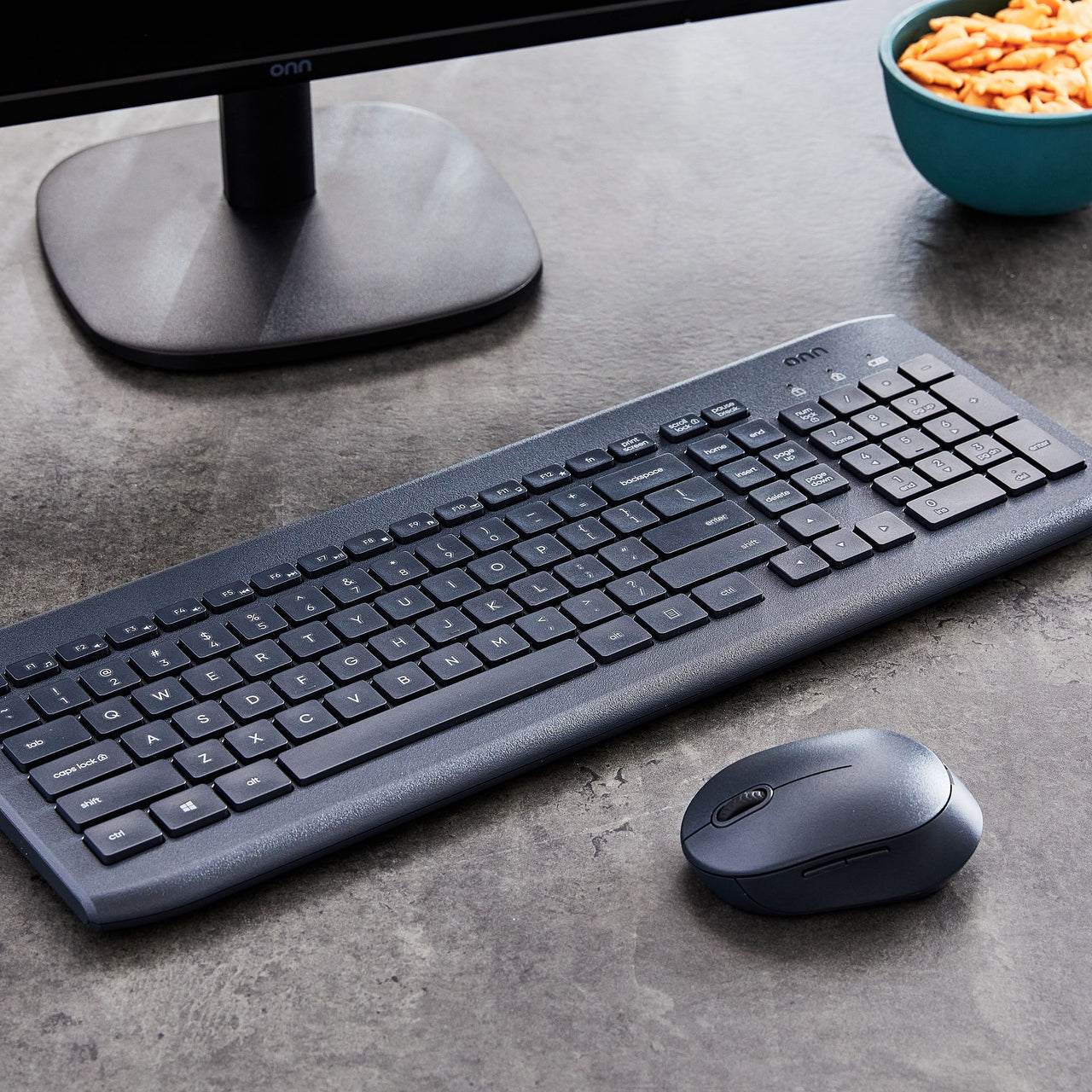 onn Wireless Keyboard & Mouse Combo, 104 Keys, Optical, USB Nano Receiver, Greystone