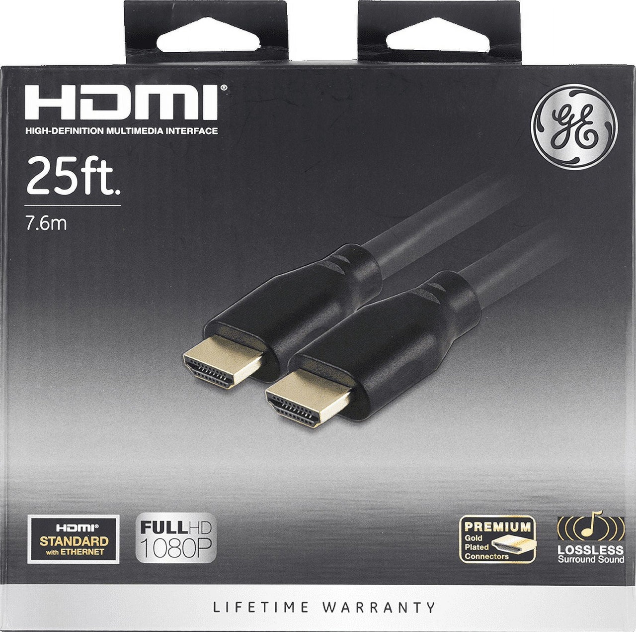 GE 25ft 4K HDMI 2.0 Cable with Ethernet, Gold-Plated Connectors, Black, 48723, New