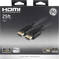 GE 25ft 4K HDMI 2.0 Cable with Ethernet, Gold-Plated Connectors, Black, 48723, New