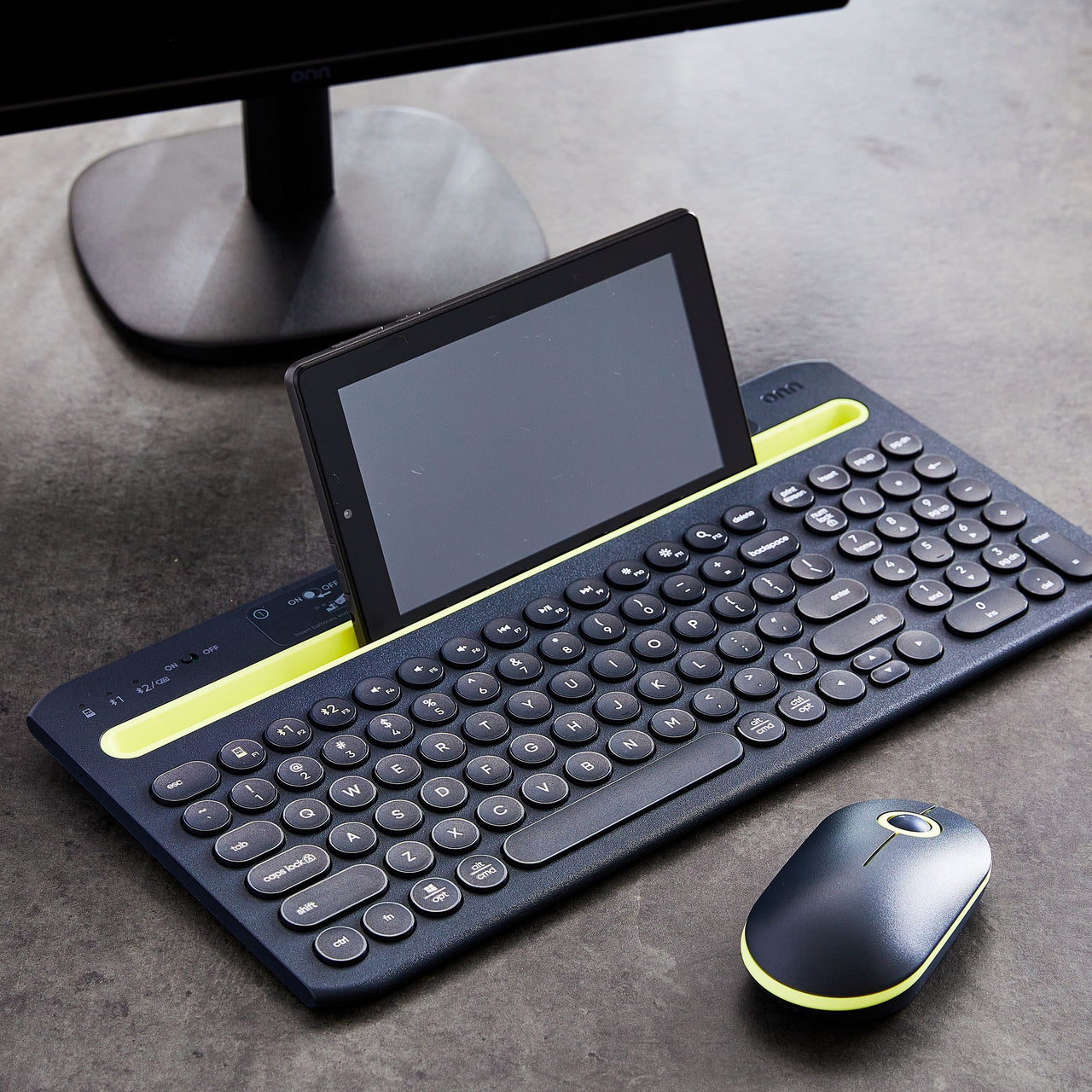 onn Multi-Device Wireless Full-Size Keyboard and 3-Button Mouse Set, Gray & Yellow