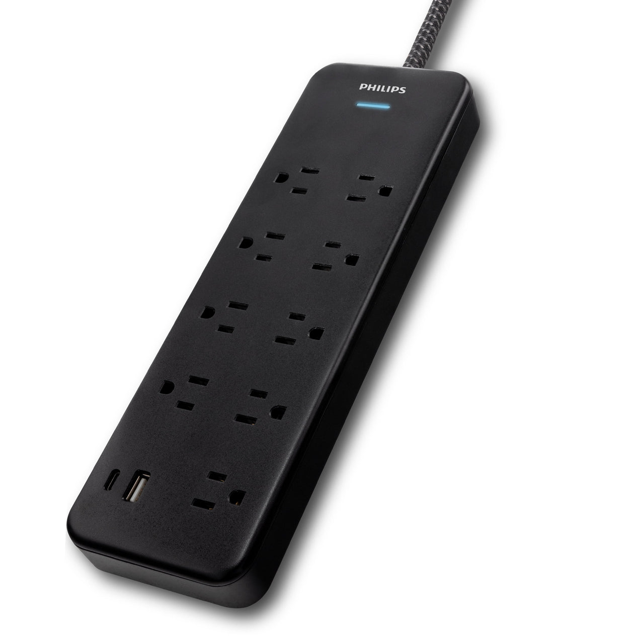 Philips 6-ft 9-Outlet Surge Protector, 1 USB-A, 1 USB-C, 15W, 2400J, Braided Cord, 6ft, Black