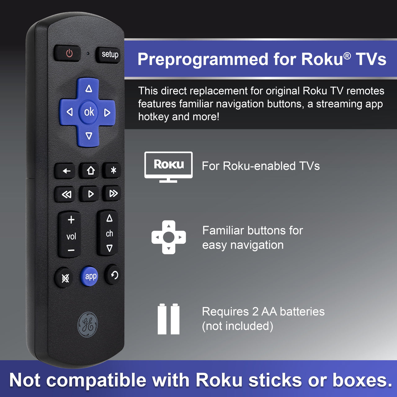 GE Roku TV Direct Replacement TV Remote Control in Black, 66814