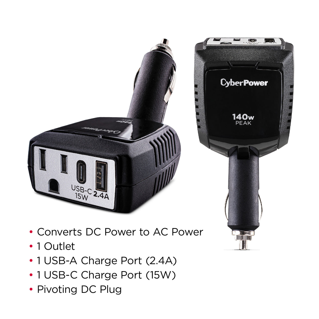 CyberPower M140BUC 140W Power Inverter - 1 AC Outlet, USB-C & USB-A Ports, Black
