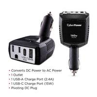 CyberPower M140BUC 140W Power Inverter - 1 AC Outlet, USB-C & USB-A Ports, Black