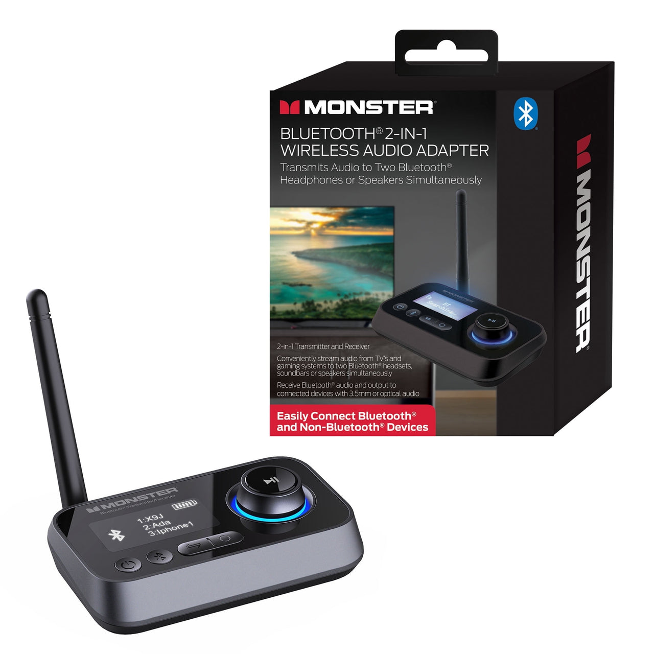 Monster 2-in-1 Bluetooth Transmitter for TV & Speakers, Wireless Bluetooth Adapter, Black