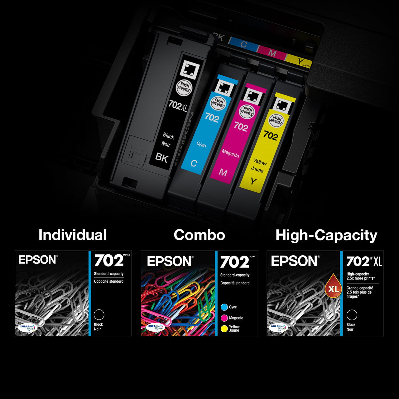 EPSON T702 DURABrite Ultra Genuine Ink High Capacity Black & Standard Color Cartridge Combo Pack