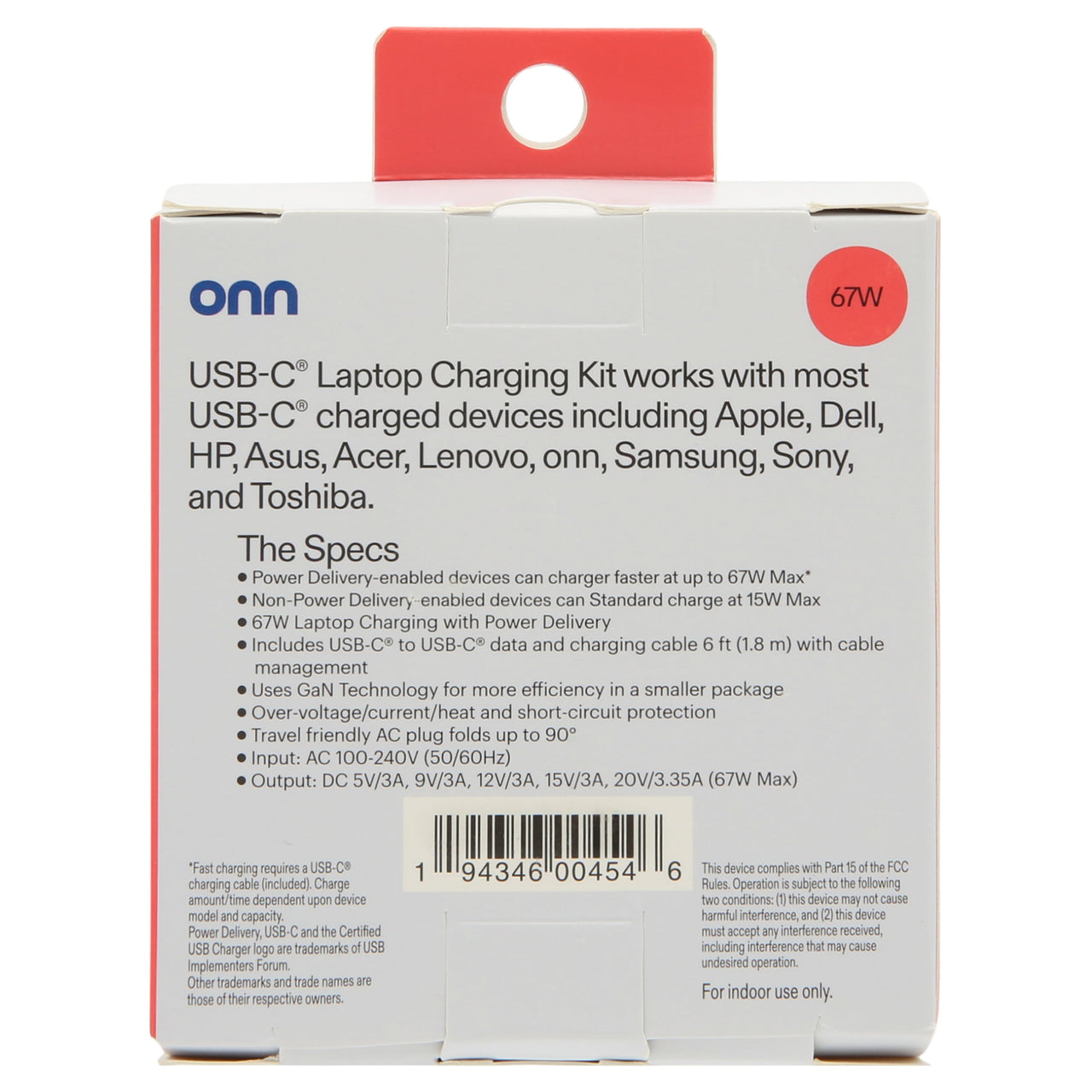 onn GAN 67W Laptop Charger with 1 USB-C Port, Compatible for Apple,Dell,HP,Asus,Acer,Lenovo,Grey