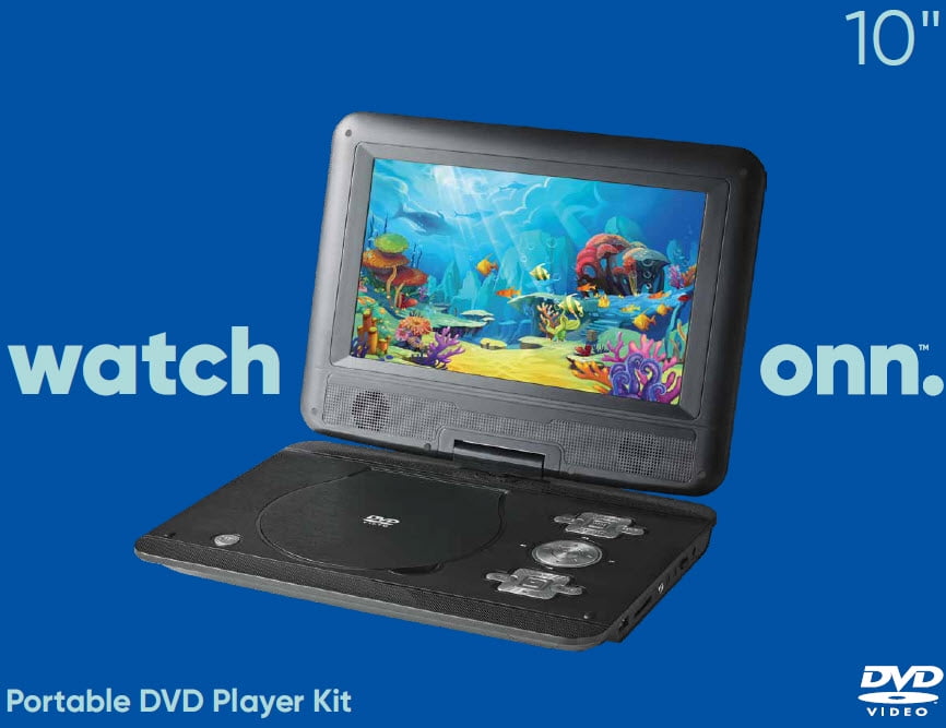 onn 10-Inch Black 480p Portable DVD Player Kit with Screen Swivel and Built-in Speakers