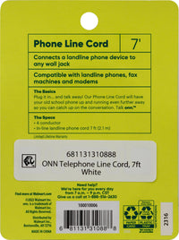 onn 7' Landline Phone Cord, White