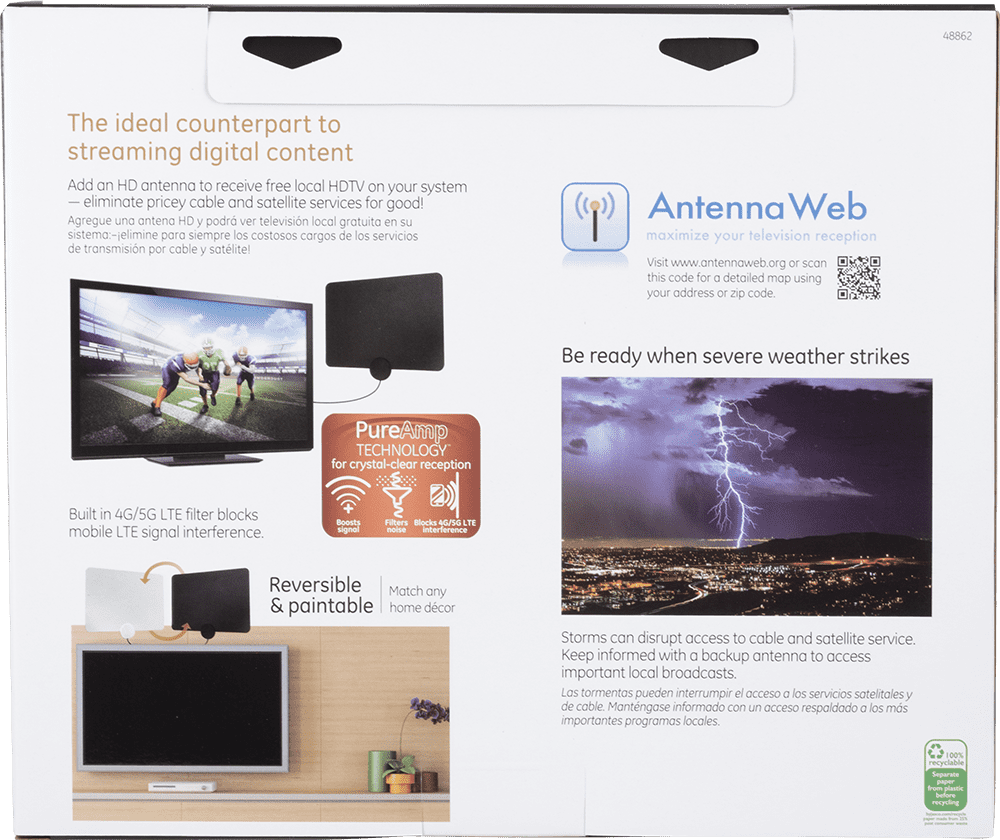 GE Amplified Indoor HDTV Antenna, 55-mile Range, VHF 1080P 4K, Black, 48862