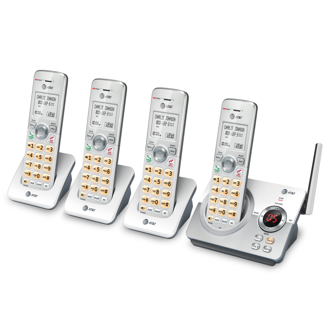 AT&T 4-Handset Cordless Phone with Unsurpassed Range, Answering System and Call Block, EL52429 (White/Silver)