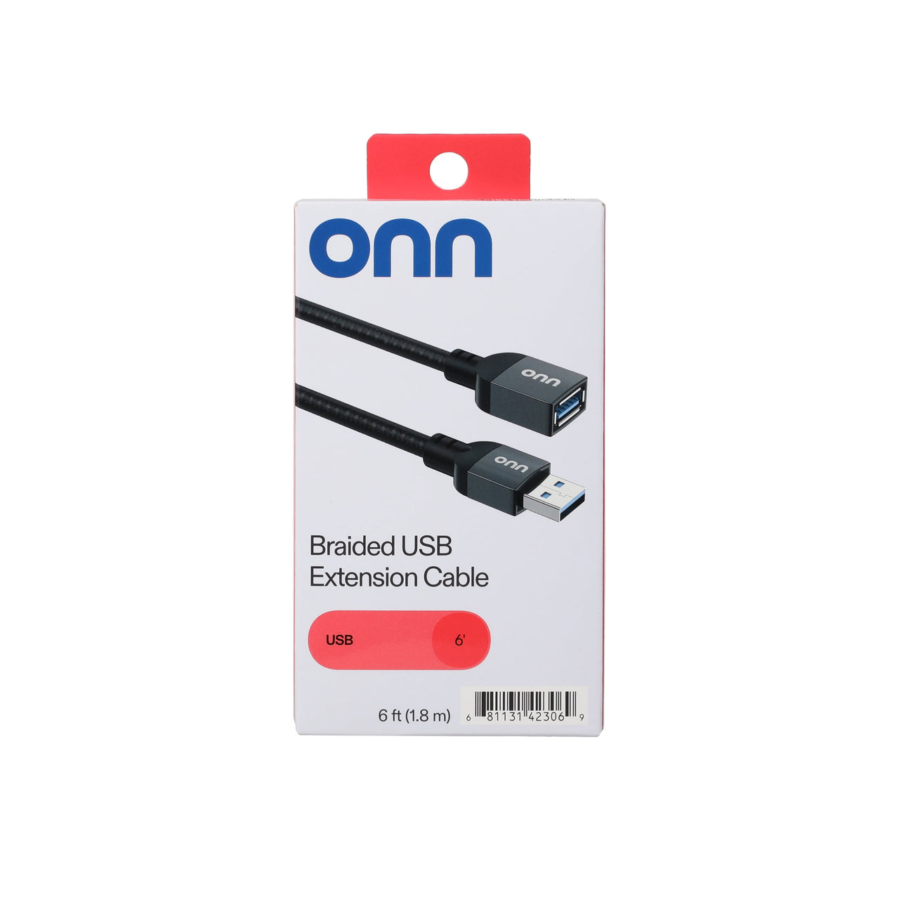 onn 6' Braided USB Extension Cable, Black