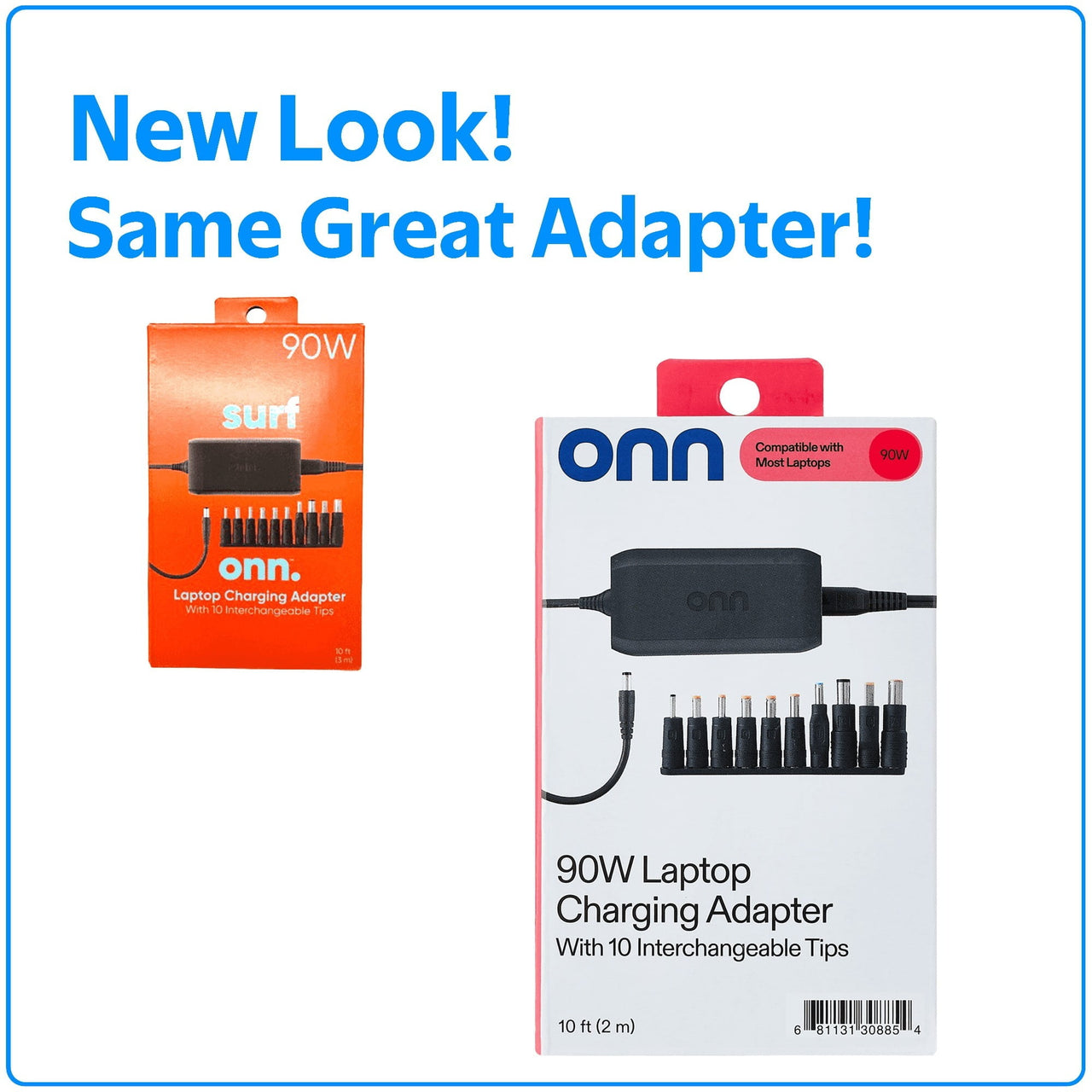 onn 90W Laptop Charger with 10 Interchangeable Tips, 10ft Power Cord, for HP, Dell, Lenovo, Grey