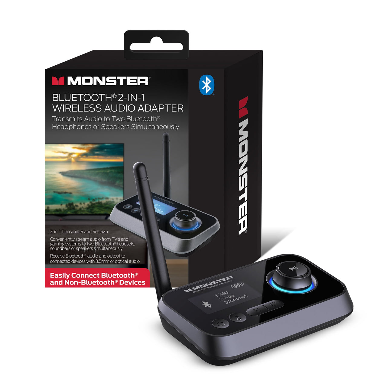 Monster 2-in-1 Bluetooth Transmitter for TV & Speakers, Wireless Bluetooth Adapter, Black