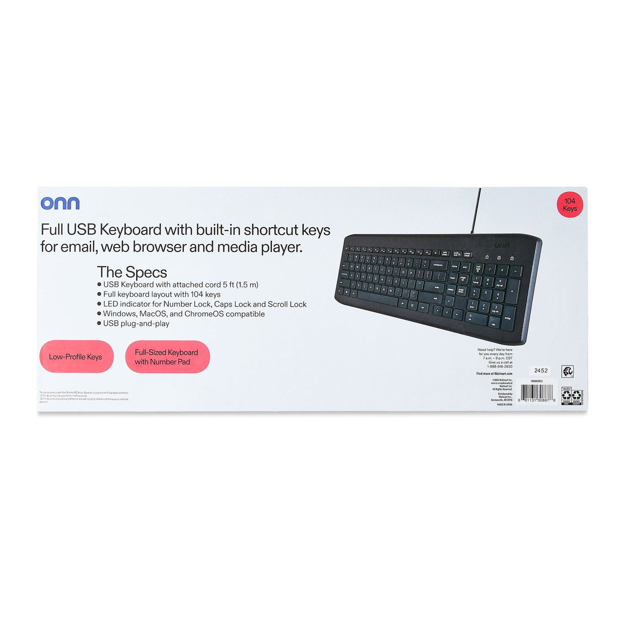 onn USB Computer Keyboard with 104-Keys, 5 ft Cable, Windows and Mac Compatible, Gray