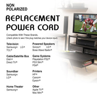 New 10ft Non-Polarized Replacement Power Cord, Works With Game Consoles, Cable Boxes, Printers