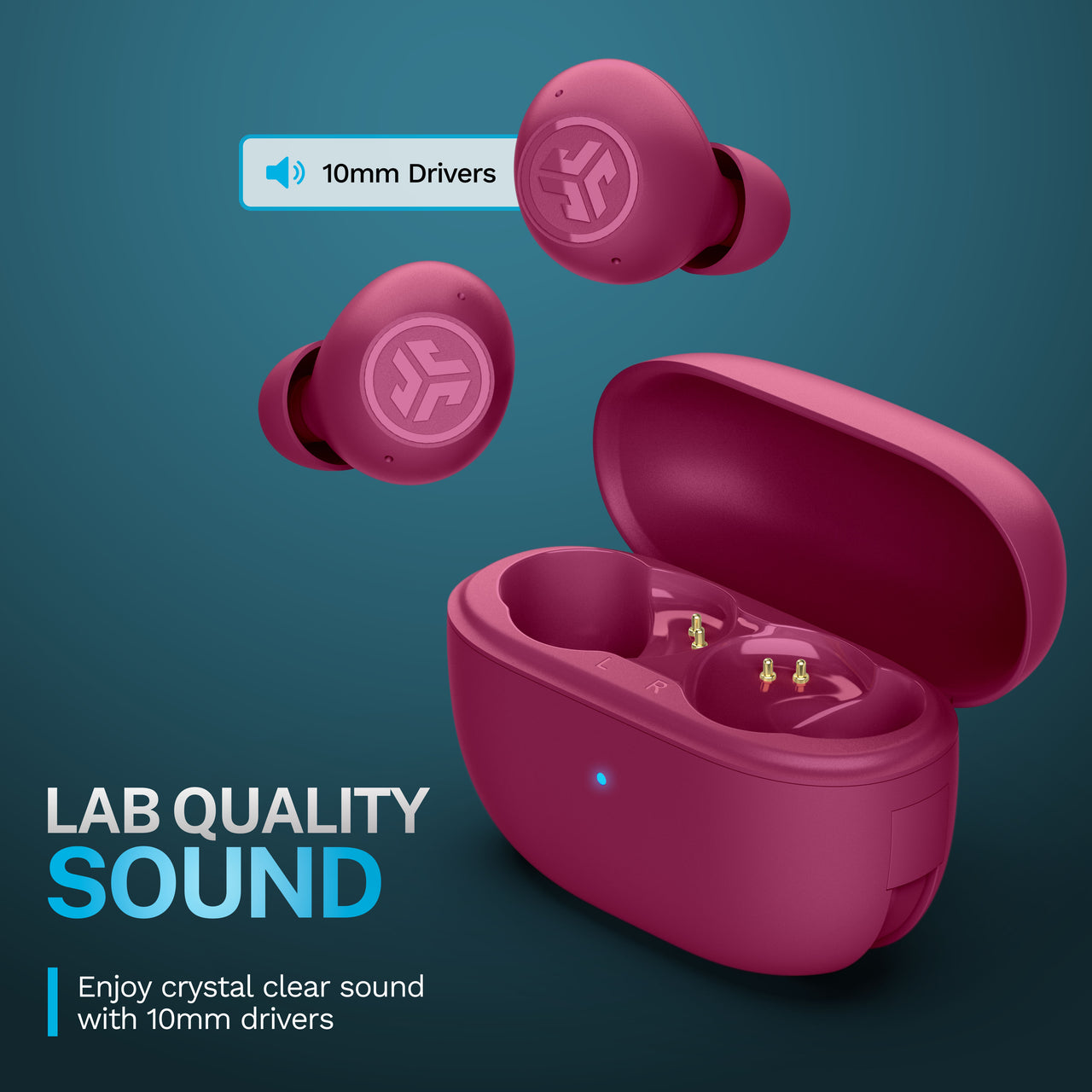 JLab GO Pop Active Noise Cancelling Bluetooth Earbuds, Charging Case, Fuchsia
