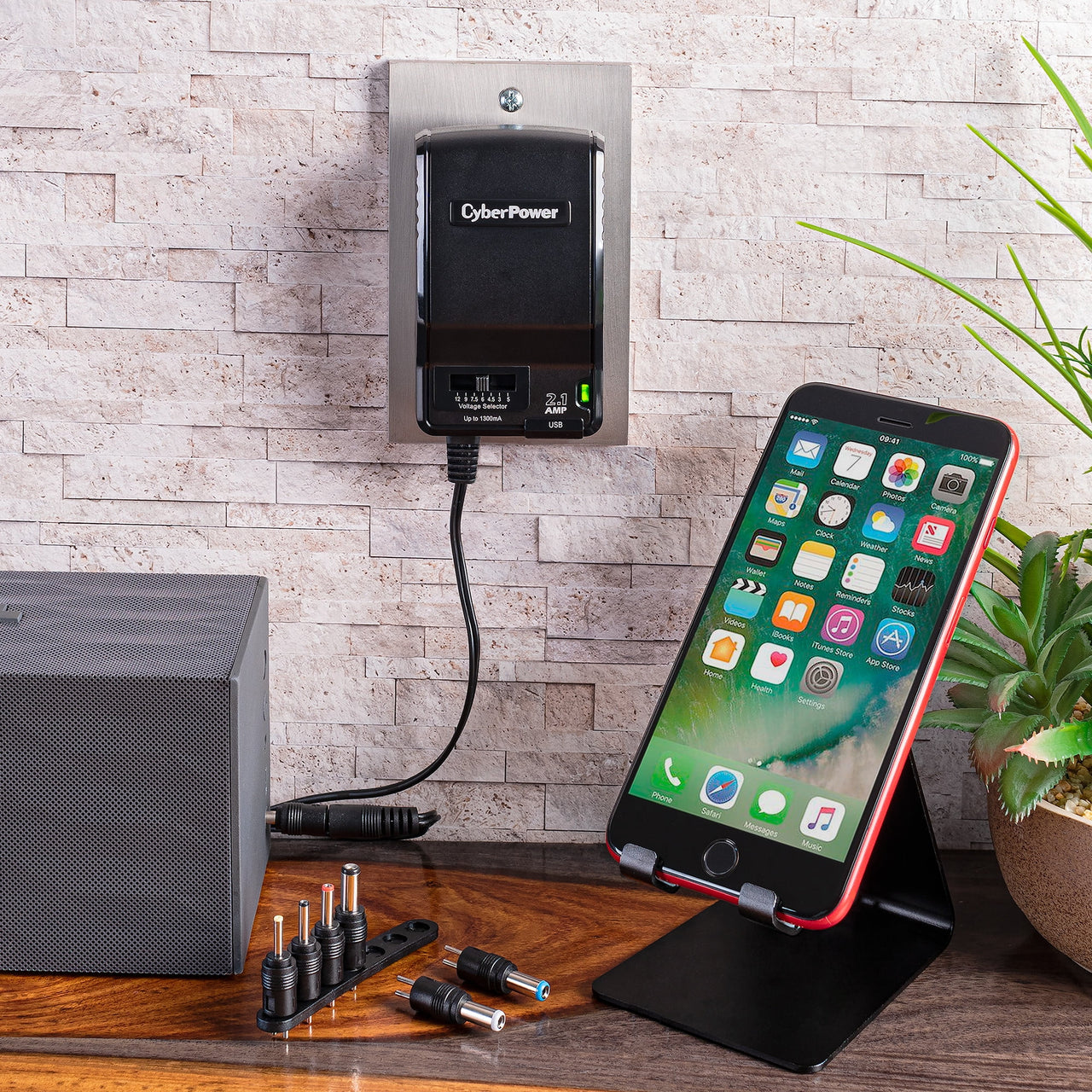 CyberPower CPUAC1U1300 - Universal Power Adapter, 1300mA, USB & Round-Pin Connectors, 7 Tips, Folding Plug
