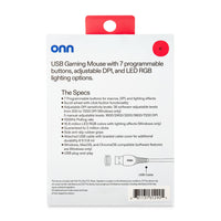 onn Wired USB Gaming Mouse with Adjustable DPI, Backlit, 7 Buttons Black