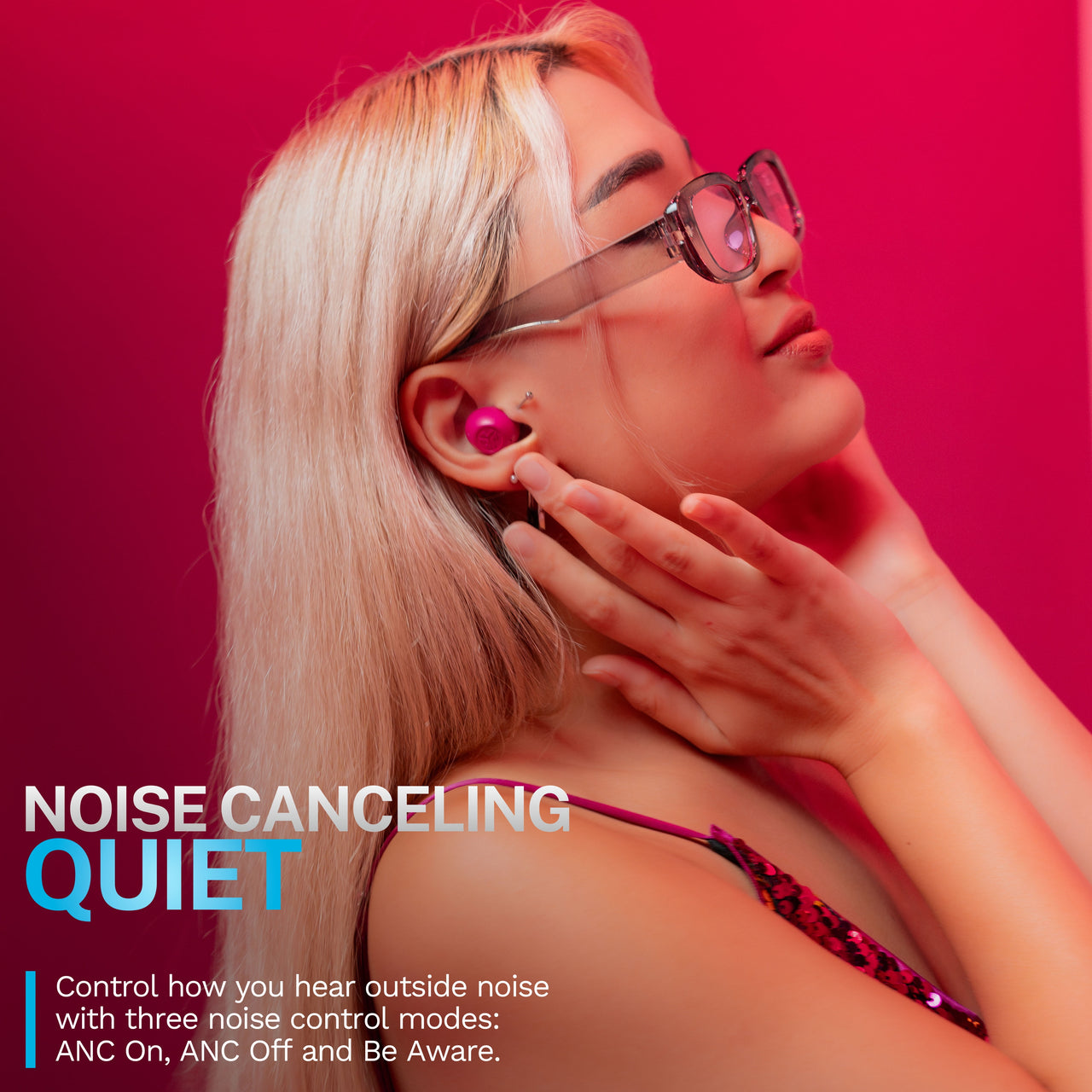 JLab GO Pop Active Noise Cancelling Bluetooth Earbuds, Charging Case, Fuchsia