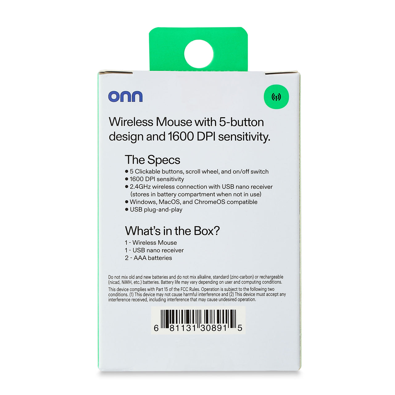 onn Wireless 5-button Mouse, 1600 DPI, 2.4 GHz USB-A Dongle, Gray