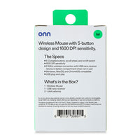 onn Wireless 5-button Mouse, 1600 DPI, 2.4 GHz USB-A Dongle, Gray