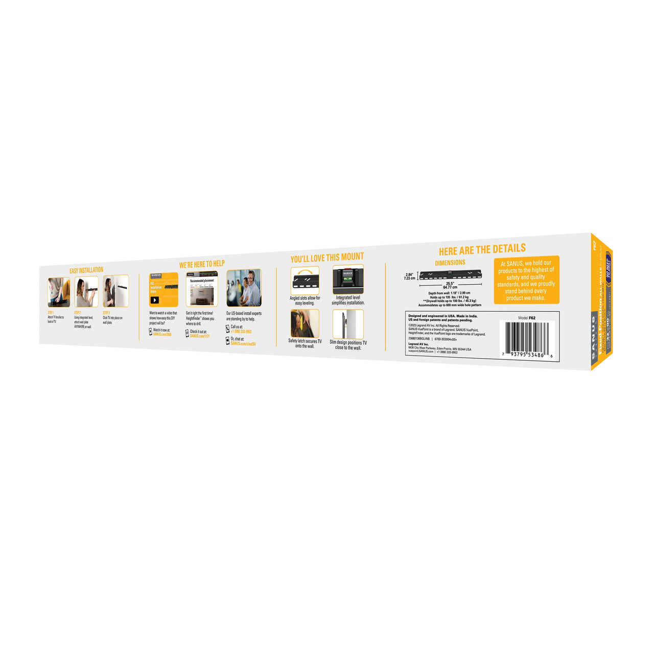 SANUS VuePoint Drywall Low Profile TV Wall Mount for 32” - 90” TVs up to 135lbs - No Drill or Studs Required