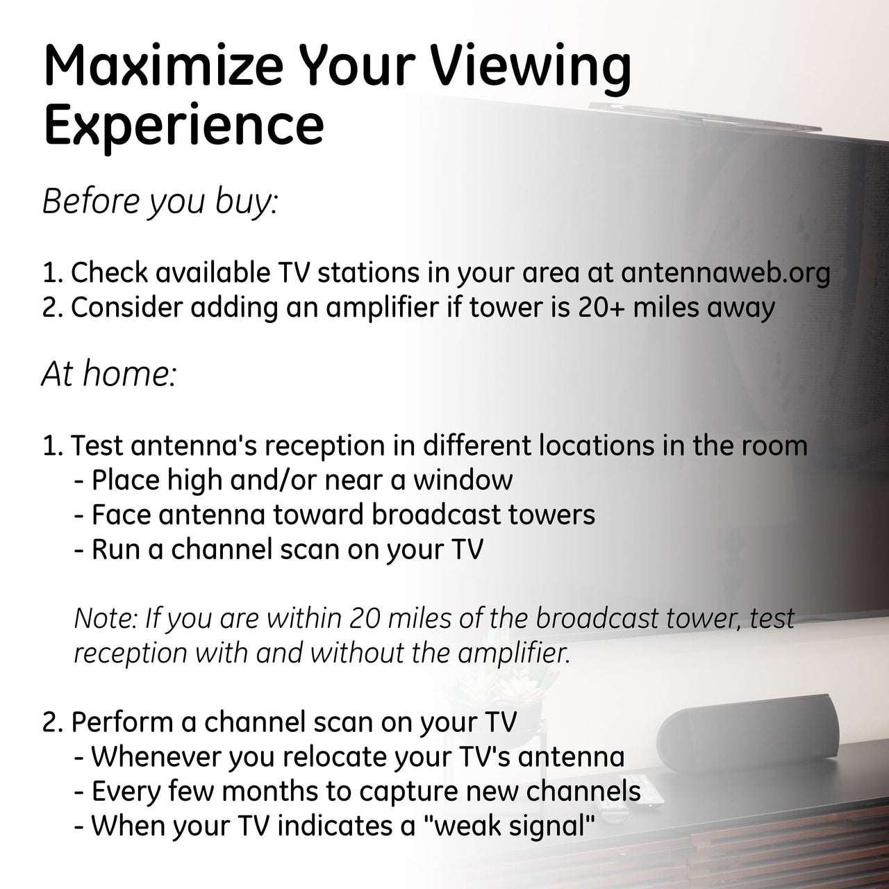 General Electric Hover Amplified Indoor HDTV Antenna, 55-mile Range, VHF 1080P 4K, Black, 37075