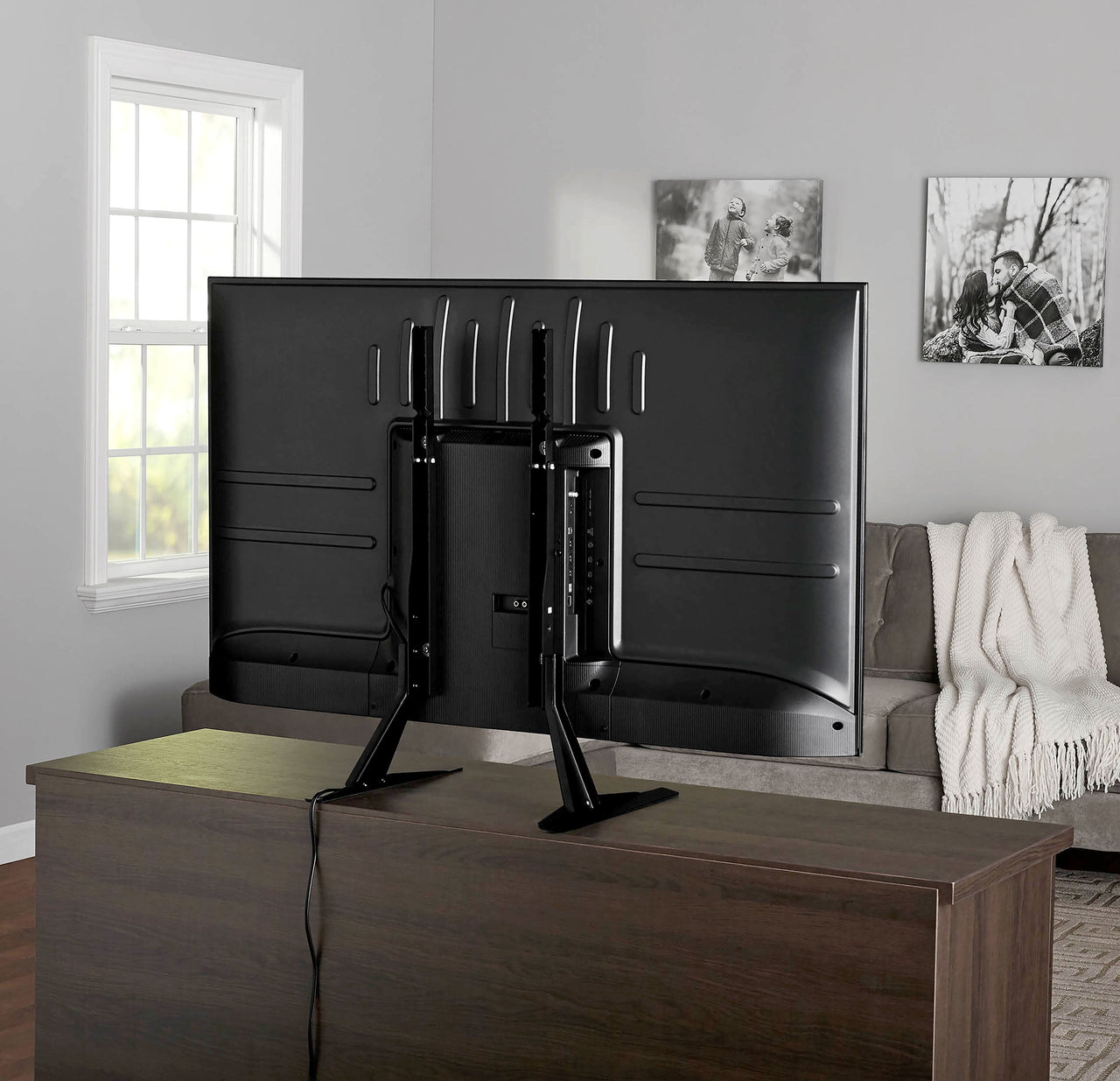 onn Tabletop TV Stand for 37" to 70" TVs, Holds up to 110 lbs, Black- Metal Legs for Tabletop