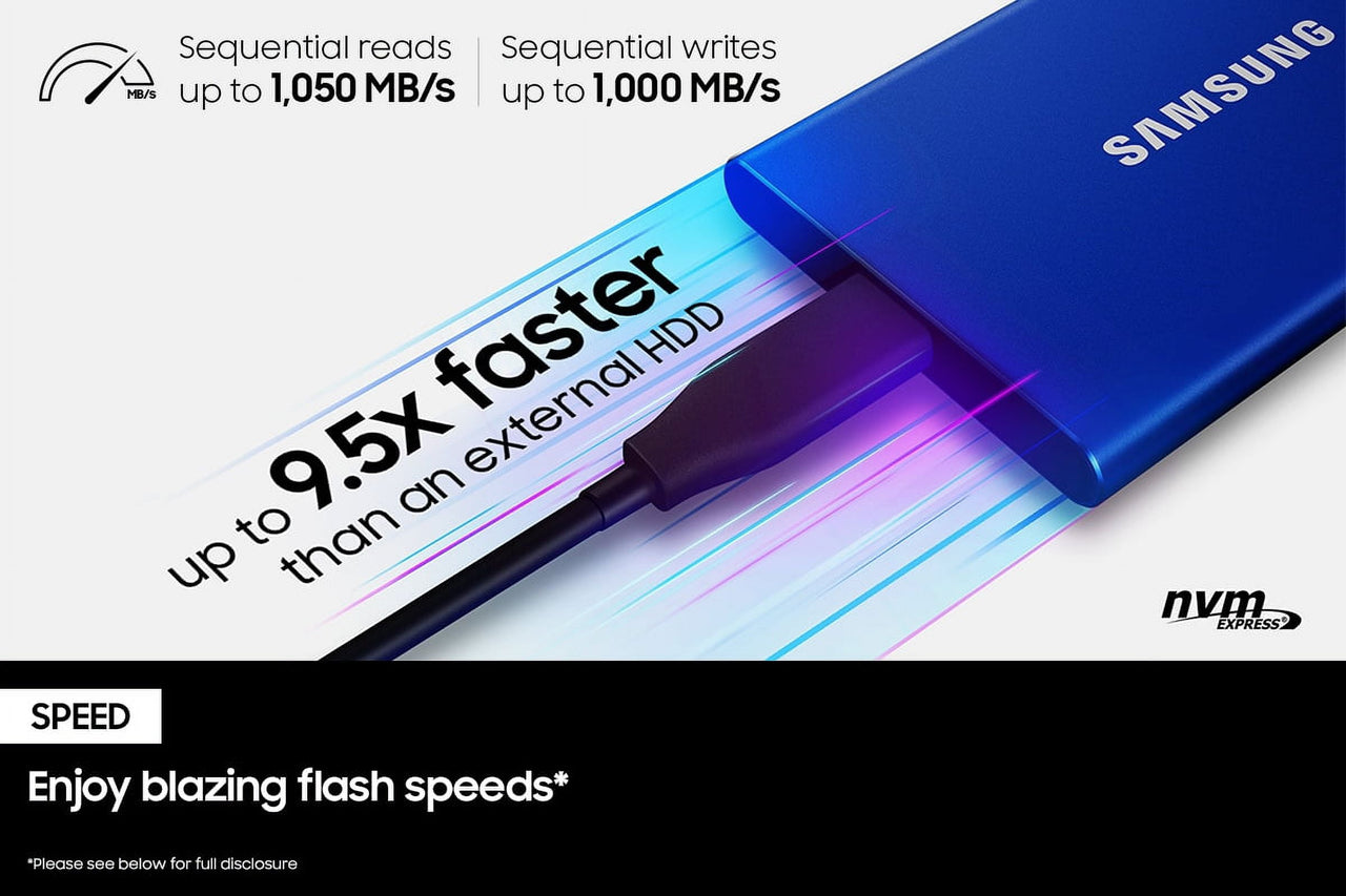 SAMSUNG T7 Portable SSD 1TB Indigo Blue, Up-to 1,050MB/s, USB 3.2 Gen2, External - MU-PC1T0H/AM