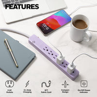 Honeywell 2-in-1 Pack Power Strips - 6 AC Outlets Surge + 3 AC 2 USB Strip (1 USB-A + 1 USB-C 2.1A) - Pink