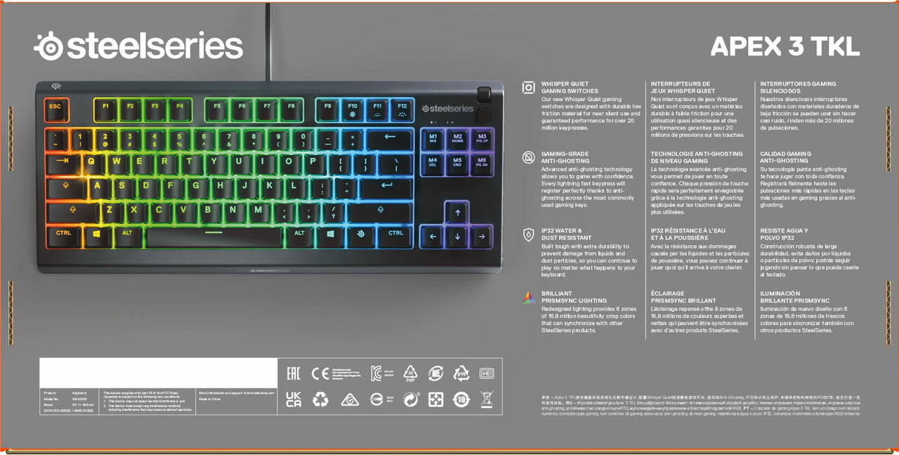 SteelSeries Apex 3 TKL RGB Gaming Keyboard - Tenkeyless - Water & Dust Resistant - PC and USB-A
